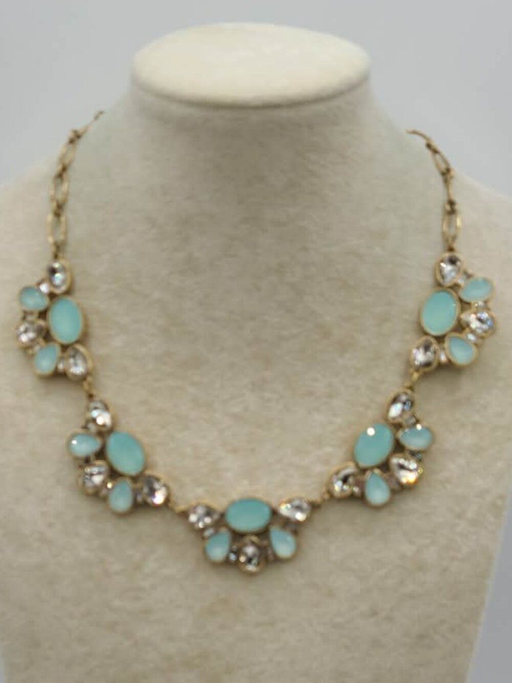 J Crew Aqua and Clear Crystal Gold Tone Statement Necklace